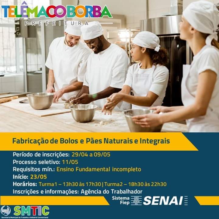 Fabricação de bolos e paes naturais e integrais cursos gratuito telemaco borba