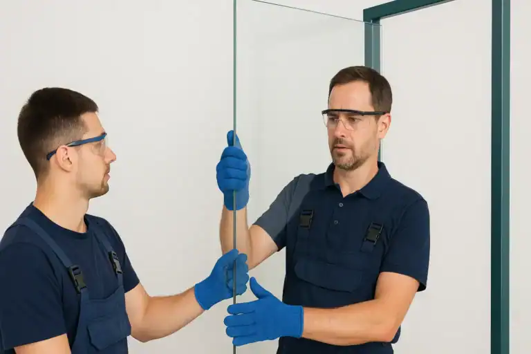 Instrutor e aluno em aula prática do Curso de Vidraceiro SENAI