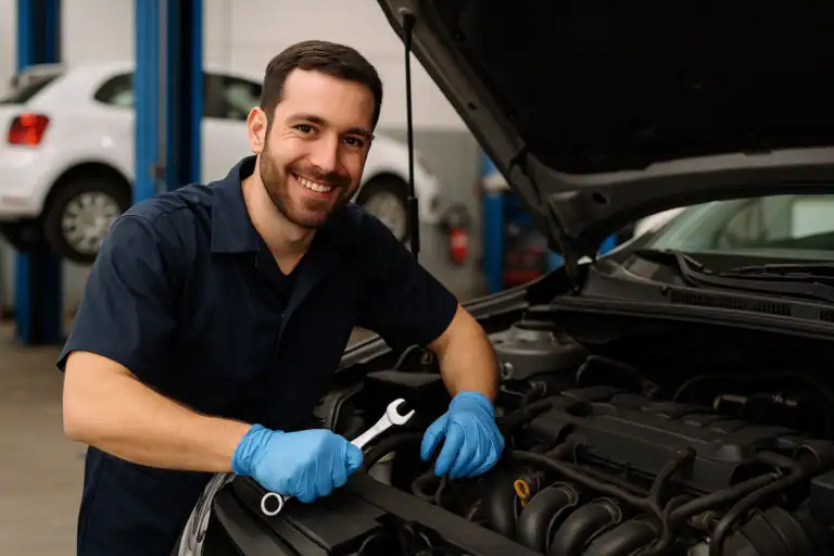 Aluno em oficina mecânica aprendendo manutenção automotiva no curso de mecânica automotiva SENAI SP