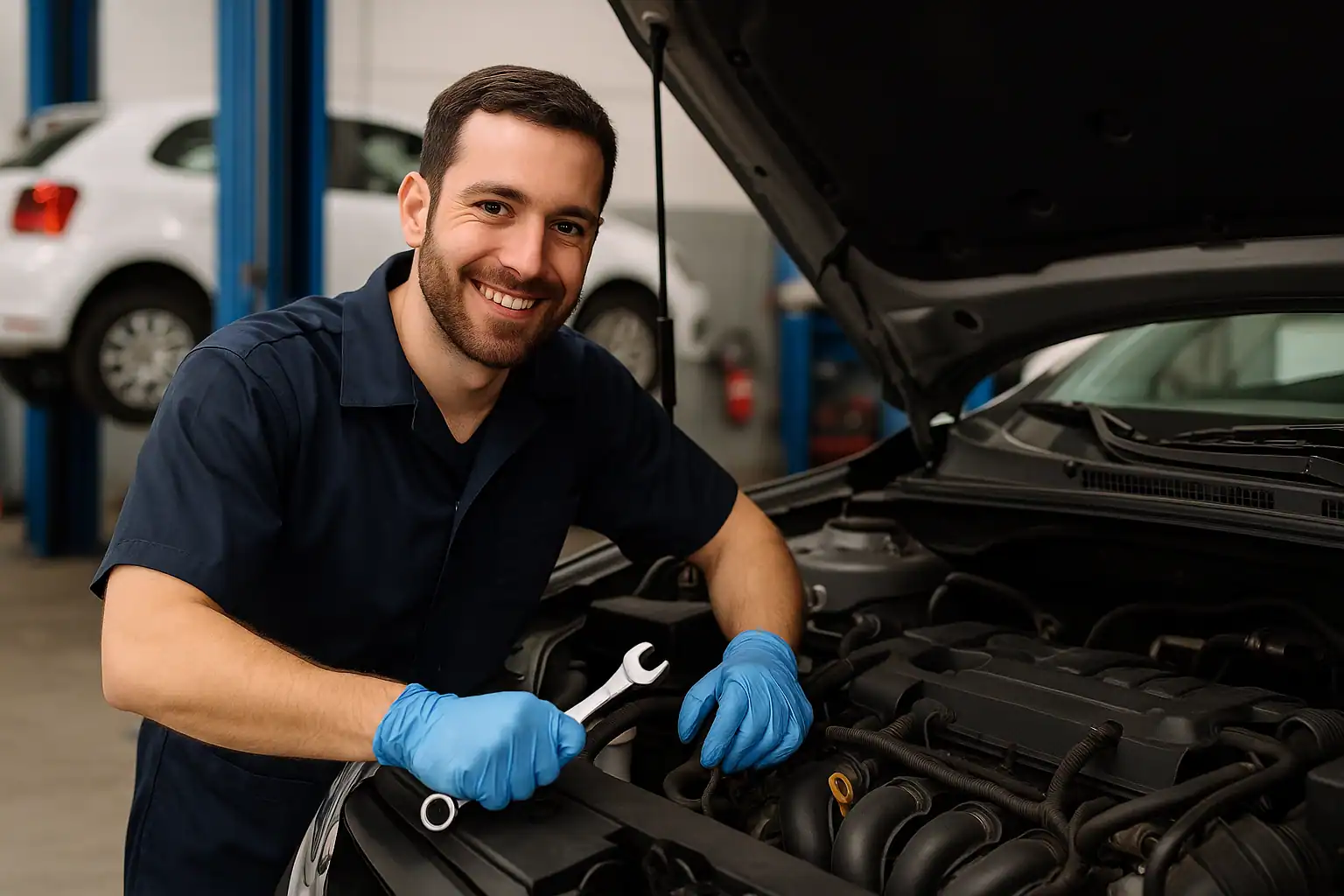Aluno em oficina mecânica aprendendo manutenção automotiva no curso de mecânica automotiva SENAI SP